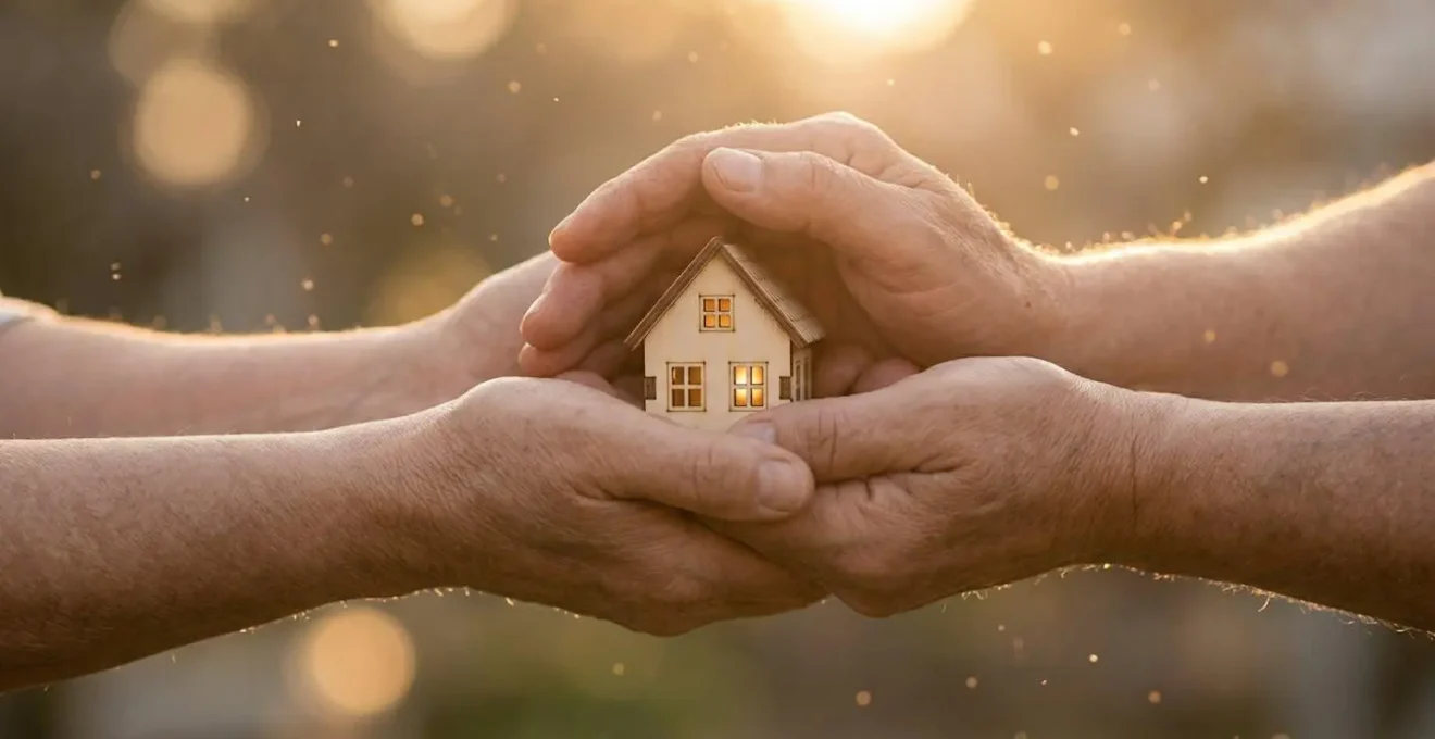 Mains protectrices entourant symboliquement une maison familiale avec lumière dorée