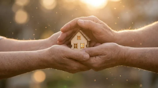 Mains protectrices entourant symboliquement une maison familiale avec lumière dorée