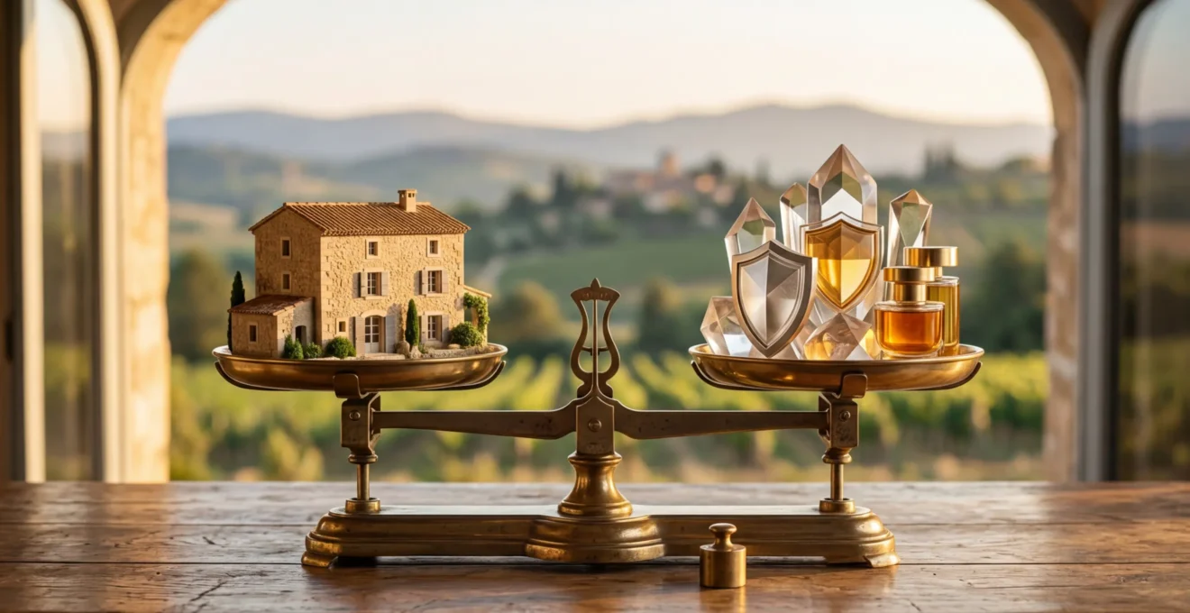 Protection patrimoniale et financière de la famille illustrée par une balance symbolique entre immobilier et assurance