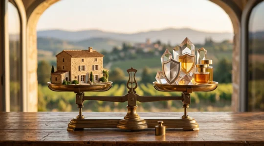 Protection patrimoniale et financière de la famille illustrée par une balance symbolique entre immobilier et assurance