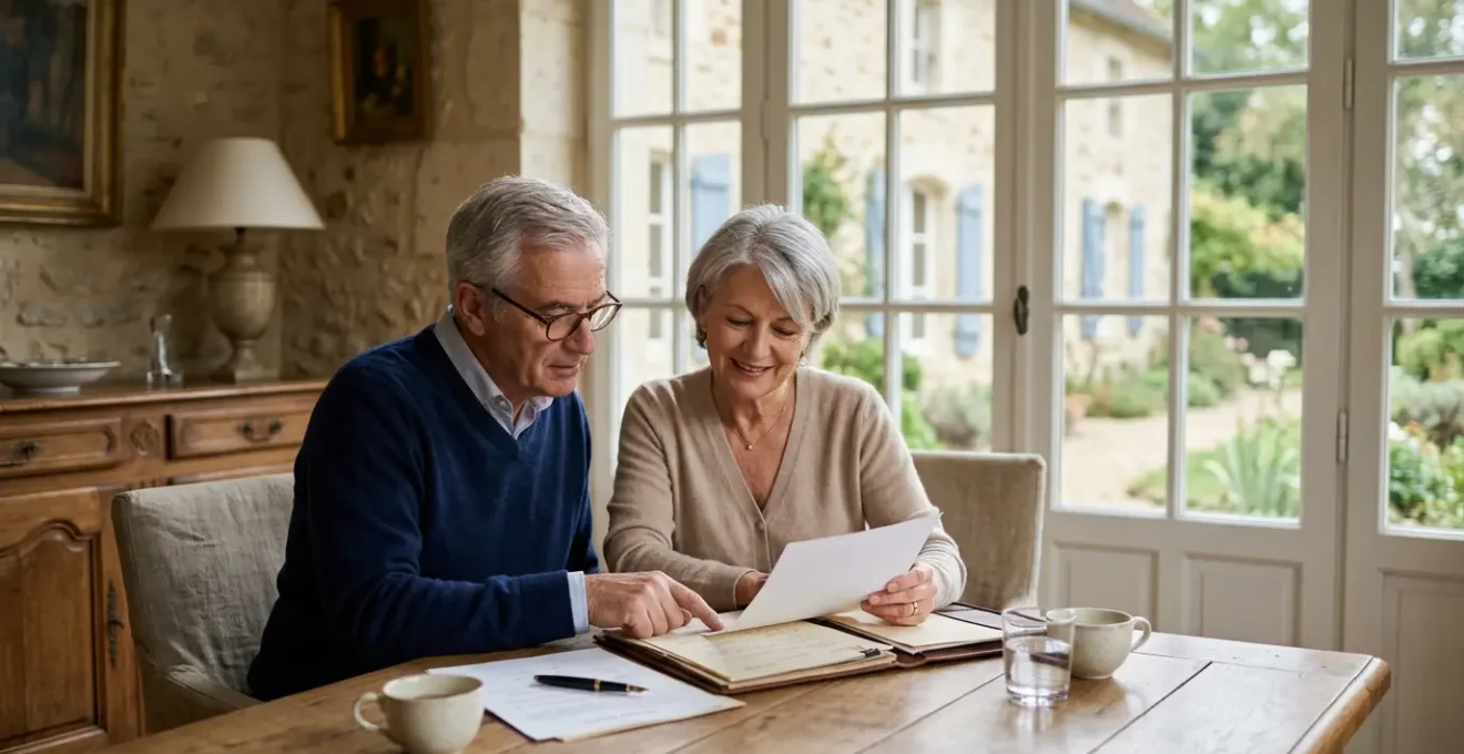 Couple senior consultant des documents patrimoniaux devant leur maison familiale française