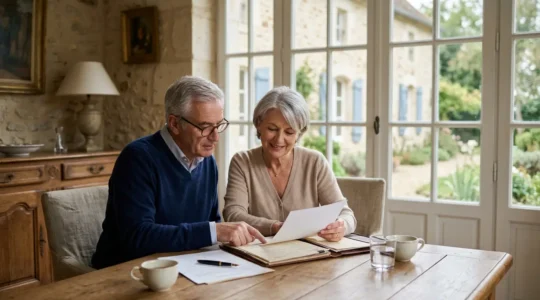 Couple senior consultant des documents patrimoniaux devant leur maison familiale française