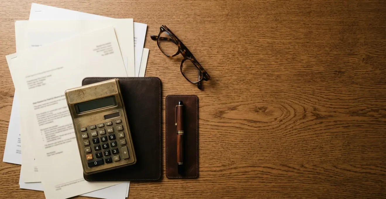 Vue en plongée de documents financiers et calculatrice sur bureau en bois, illustrant l'analyse d'un contrat obsèques
