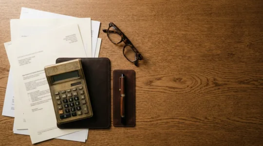 Vue en plongée de documents financiers et calculatrice sur bureau en bois, illustrant l'analyse d'un contrat obsèques