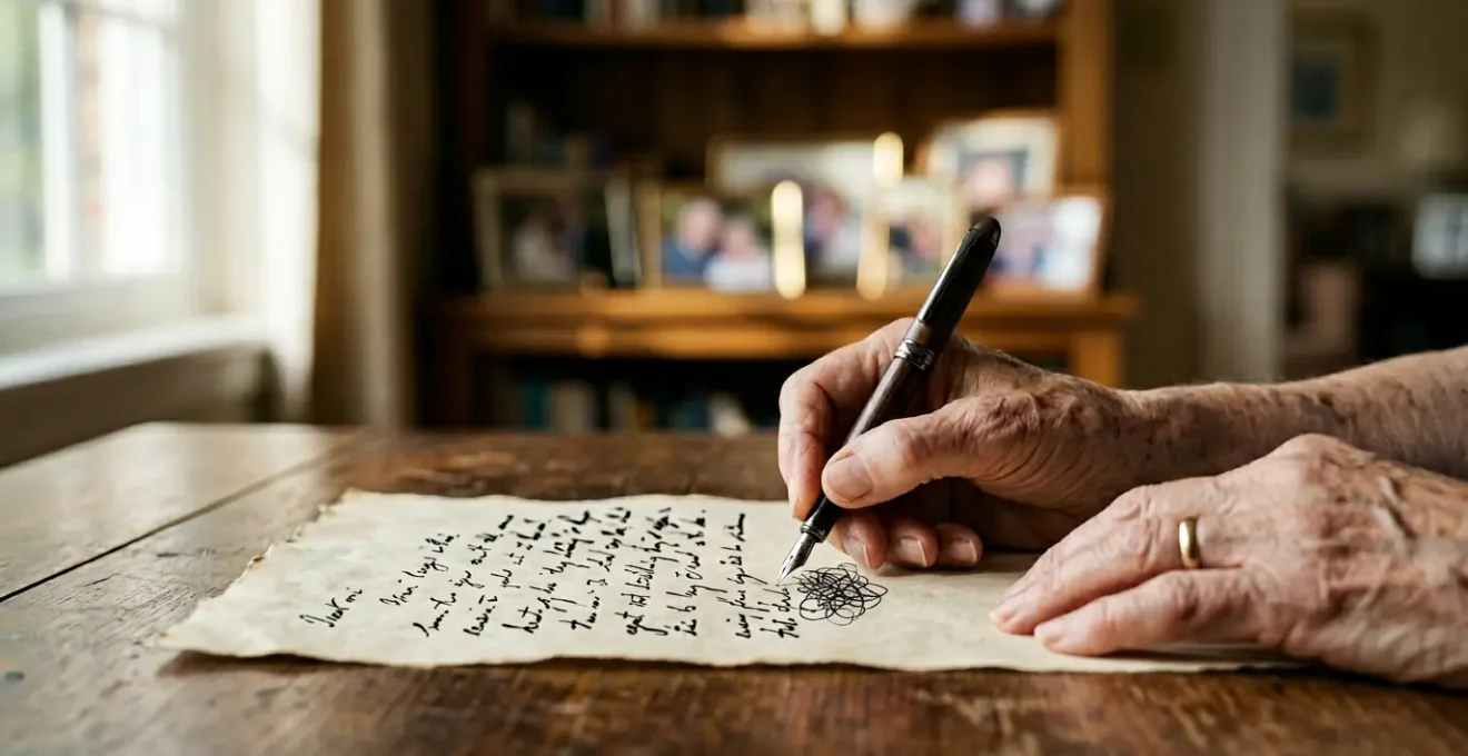 Main écrivant des volontés funéraires avec une plume sur du papier ancien