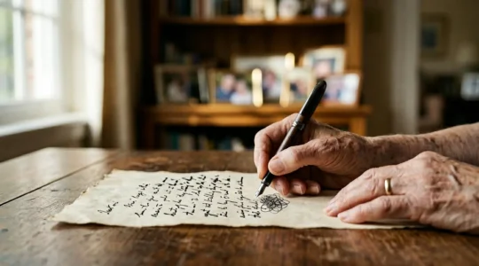 Main écrivant des volontés funéraires avec une plume sur du papier ancien