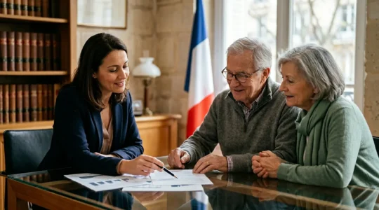 Conseiller financier accompagnant un couple senior dans la planification successorale de leur patrimoine