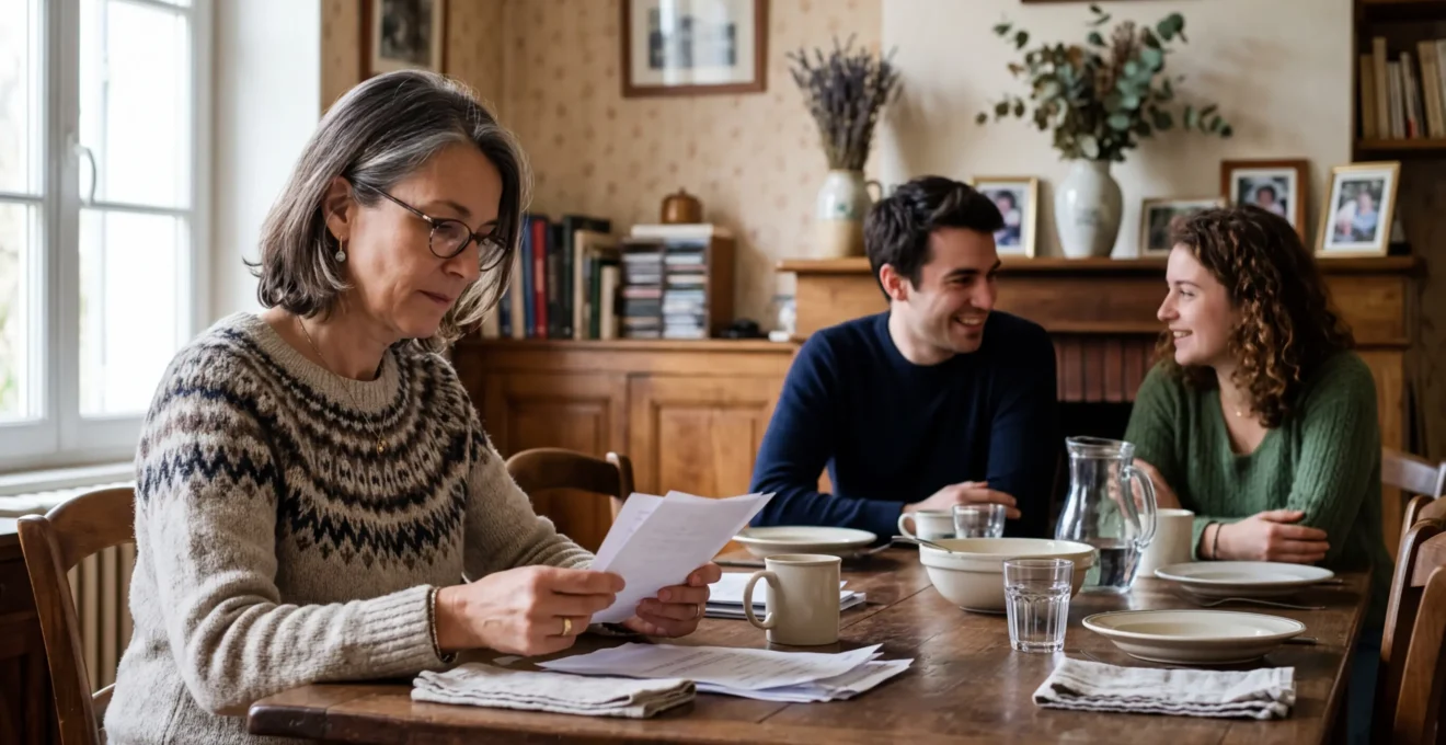 Réunion familiale autour d'une table avec documents juridiques et photo de famille, représentant la transmission patrimoniale