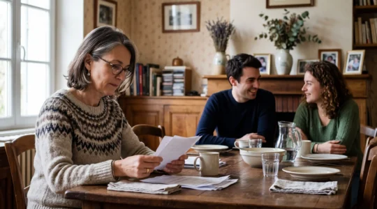 Réunion familiale autour d'une table avec documents juridiques et photo de famille, représentant la transmission patrimoniale