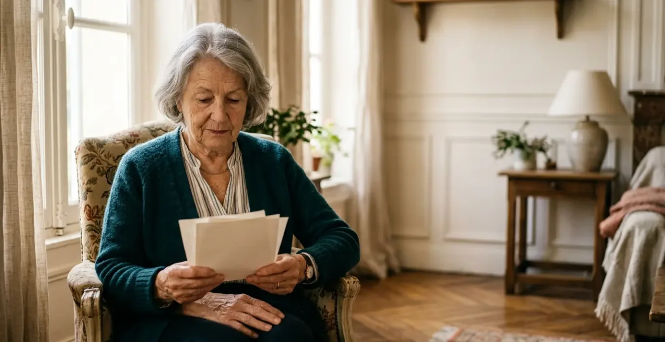 Personne âgée examinant attentivement des documents d'assurance décès dans un environnement serein avec une lumière douce