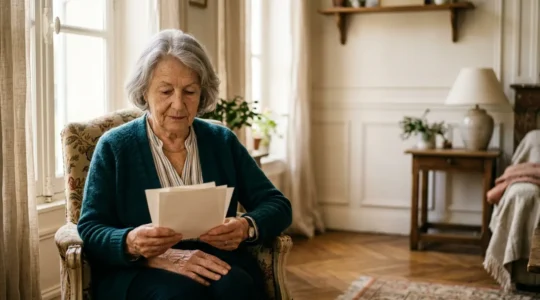Personne âgée examinant attentivement des documents d'assurance décès dans un environnement serein avec une lumière douce