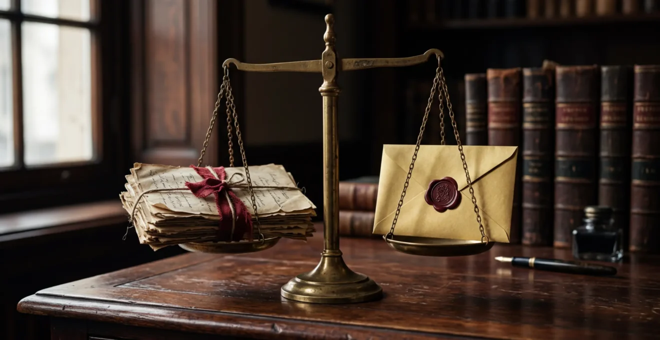 Documents de succession et balance symbolisant le choix entre refuser une succession endettée et garder l'assurance décès