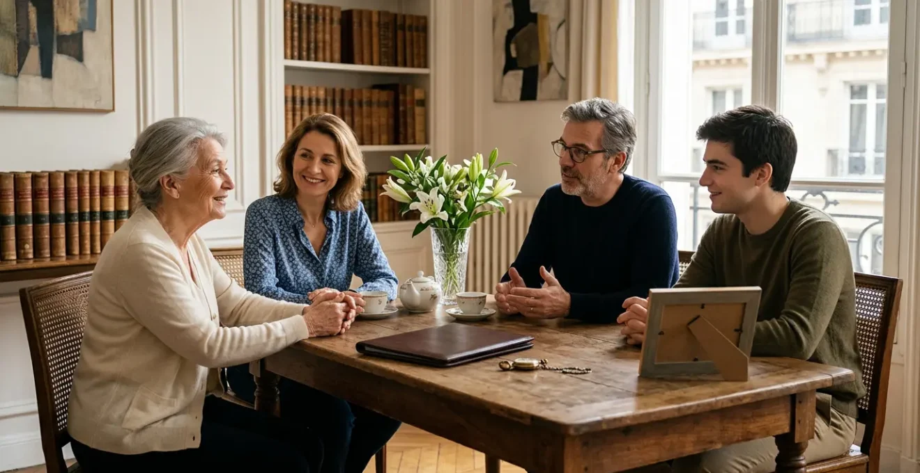 Famille réunie autour d'une table avec documents de succession et photo souvenir dans un intérieur français lumineux