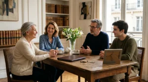 Famille réunie autour d'une table avec documents de succession et photo souvenir dans un intérieur français lumineux