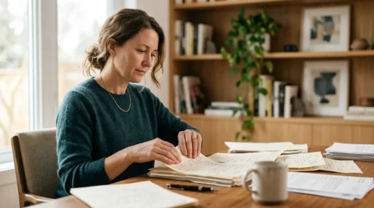 Famille consultant des documents financiers urgents dans un moment d'organisation administrative