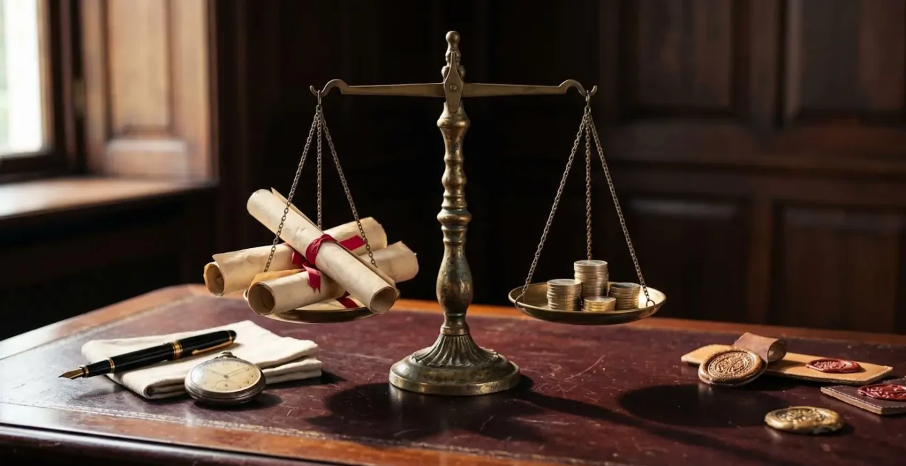 Balance de justice entourée de documents juridiques représentant les coûts d'une procédure