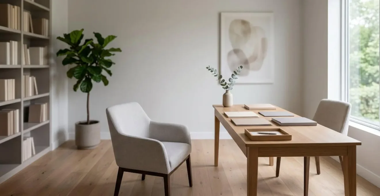 Un bureau de conseiller funéraire avec une ambiance professionnelle et rassurante