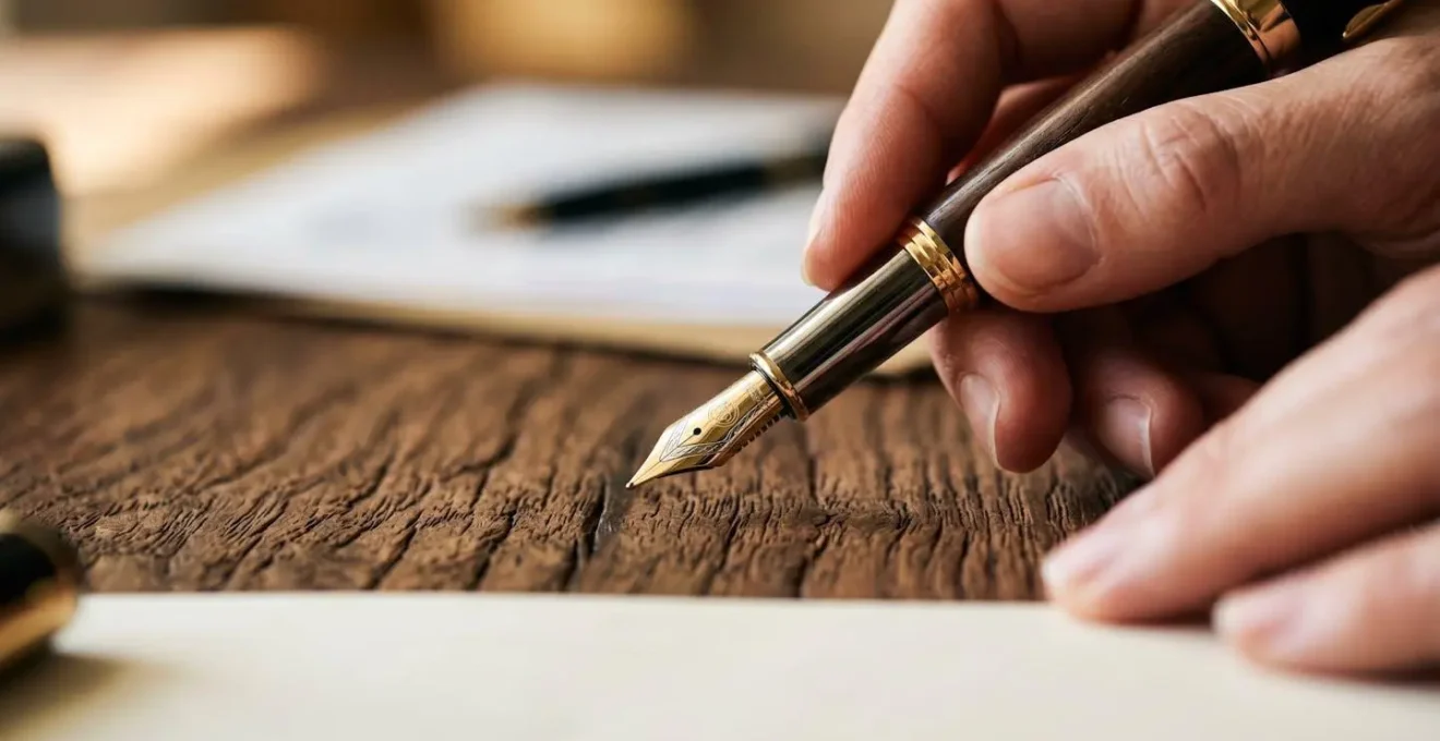 Mains tenant un stylo plume au-dessus d'un bureau en bois avec des documents flous, symbolisant la précision nécessaire à la rédaction d'une clause bénéficiaire.