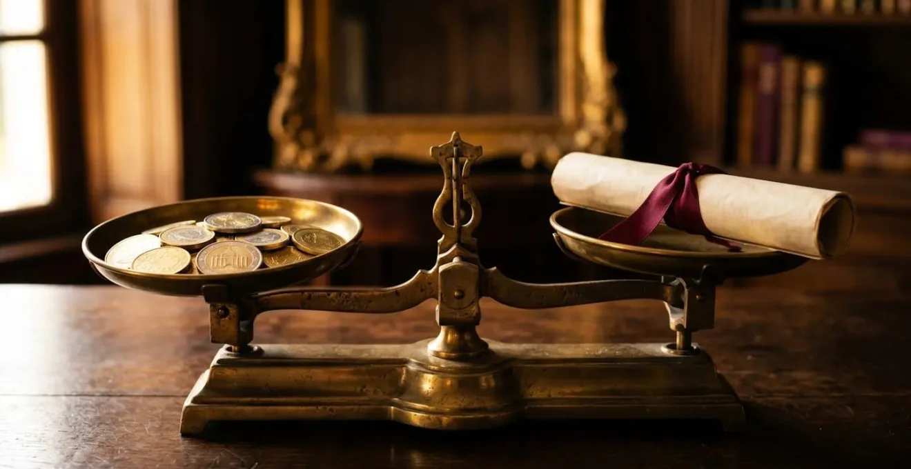 Balance symbolique avec des pièces d'un côté et un document de l'autre, représentant le choix entre un contrat en capital et un contrat en prestations.