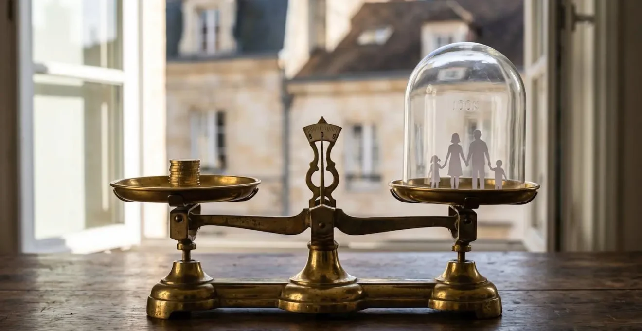 Balance dorée avec pièces d'un côté et bouclier familial de l'autre