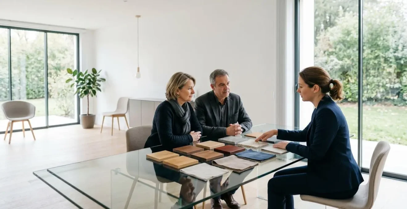 Famille en consultation avec un conseiller funéraire pour modifier les prestations d'un contrat obsèques