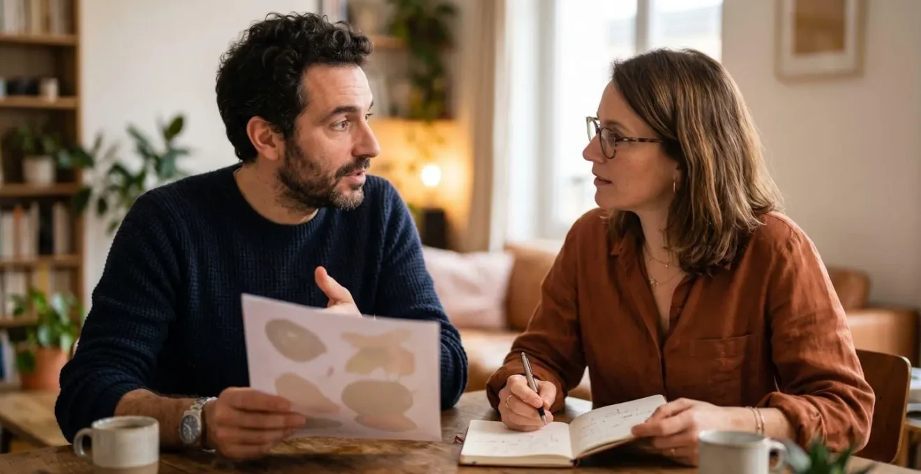 Couple quadragénaire examinant différents contrats d'assurance sur une table