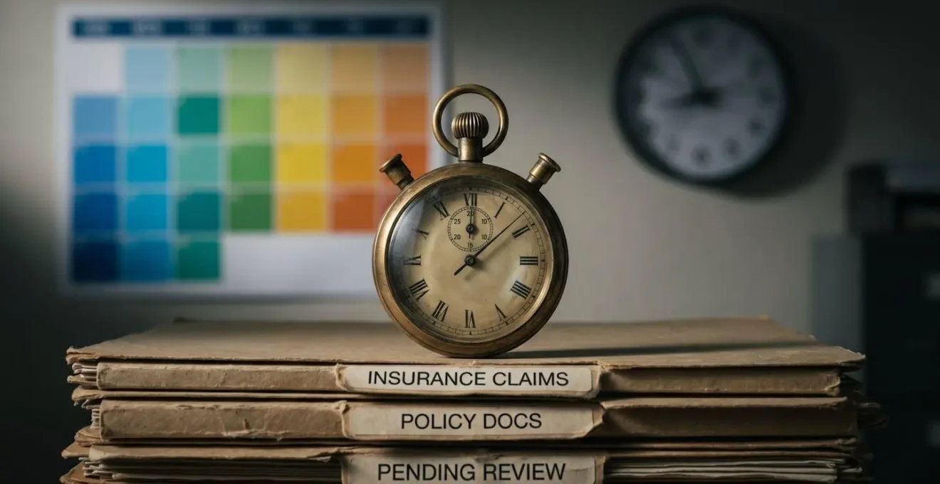 Chronomètre posé sur une pile de dossiers d'assurance avec un calendrier en arrière-plan montrant les délais