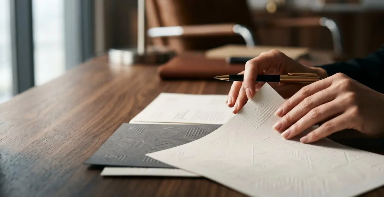 Mains organisant des documents financiers sur un bureau moderne
