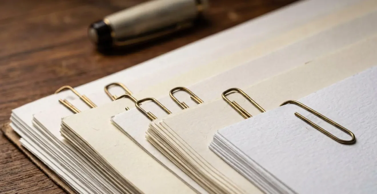Vue macro de documents organisés avec trombones dorés sur bureau en bois ancien