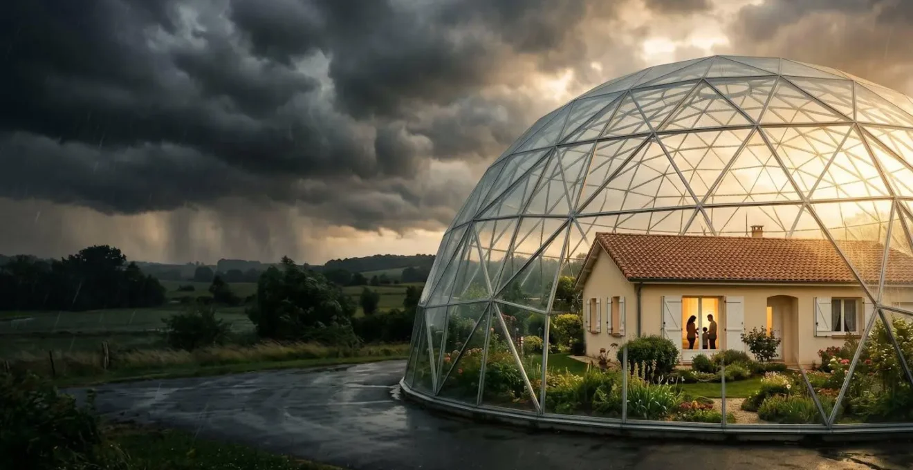 Maison familiale française protégée sous cloche de verre avec jardin épanoui