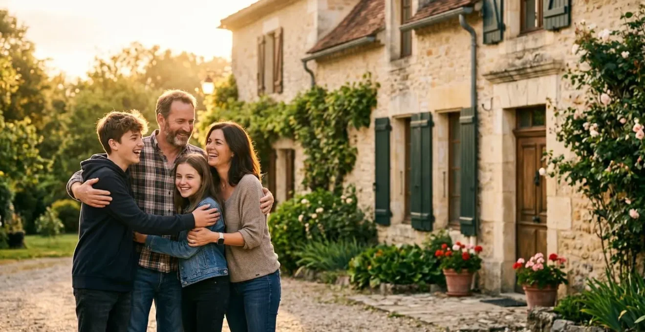 Famille unie devant maison avec halo protecteur doré
