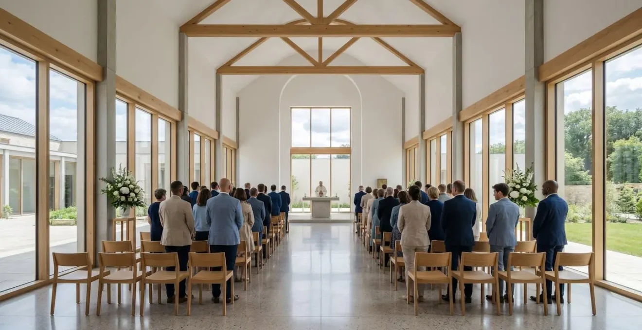 Famille recueillie lors d'une cérémonie civile dans une salle lumineuse