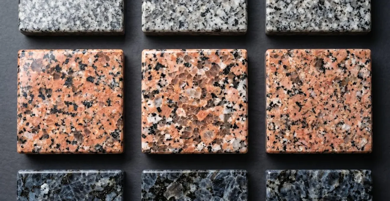 Gros plan sur différents échantillons de granit français montrant les variations de couleur et texture