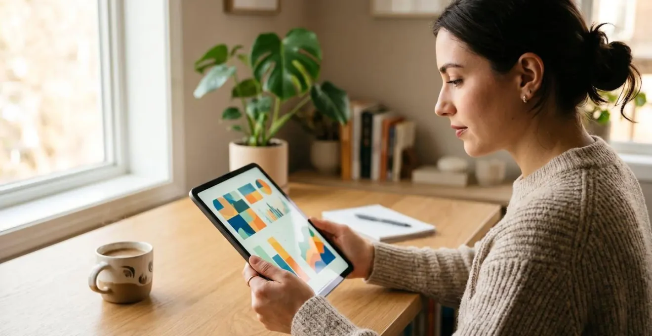 Personne utilisant une tablette pour comparer des offres d'assurance, avec des graphiques abstraits visibles à l'écran
