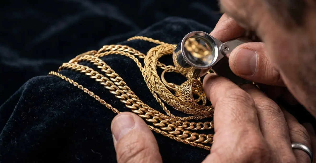 Des mains expertes examinent des bijoux en or avec une loupe professionnelle sur une surface de velours