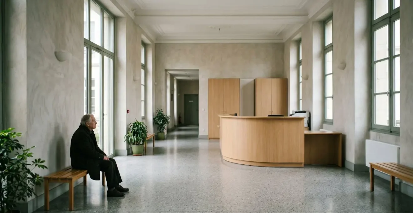 Hall d'accueil d'un centre communal d'action sociale avec une personne âgée en consultation