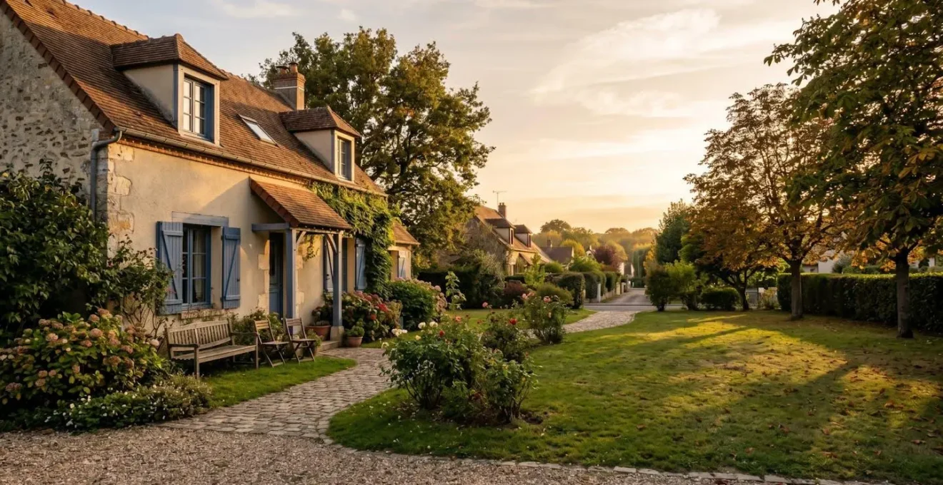 Vue extérieure d'une maison familiale française avec jardin, symbolisant le choix de déménagement après veuvage