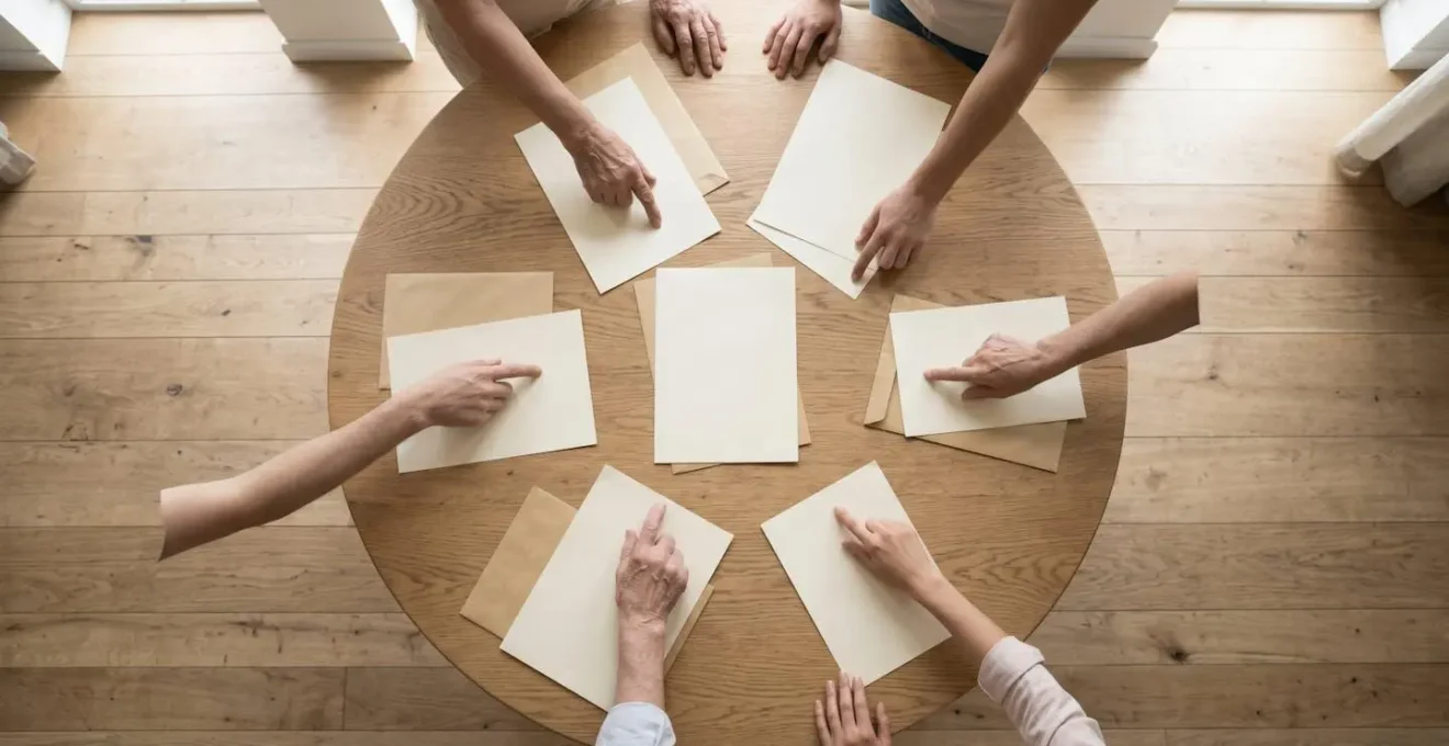 Table ronde avec documents éparpillés et mains multiples pointant différents papiers