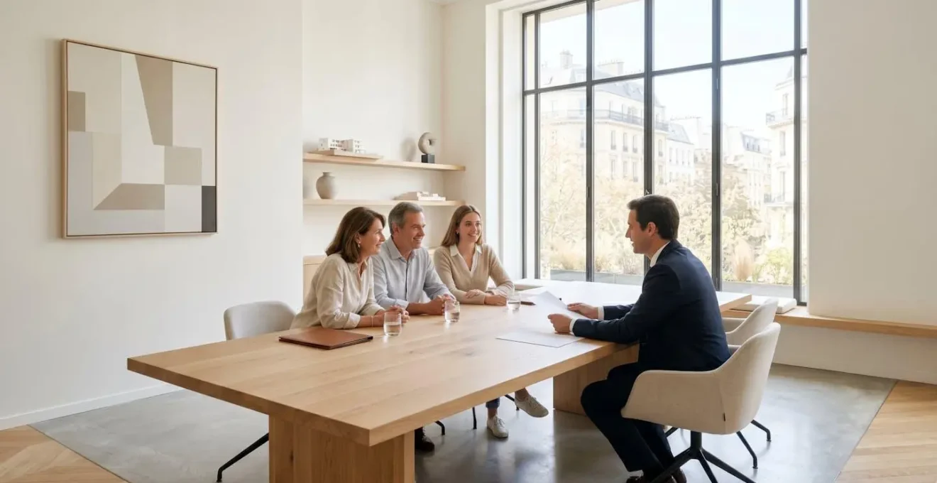 Discussion familiale autour d'une table concernant l'héritage d'une maison