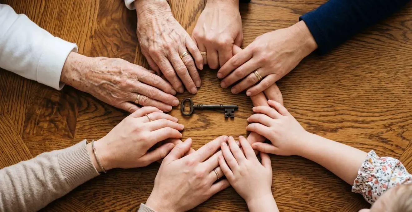 Mains de plusieurs personnes posées ensemble sur une table en bois symbolisant l'accord familial