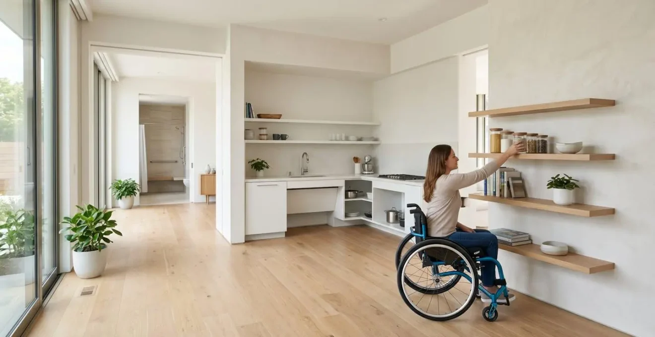 Une personne en fauteuil roulant dans un domicile adapté avec rampes d'accès et équipements spécialisés