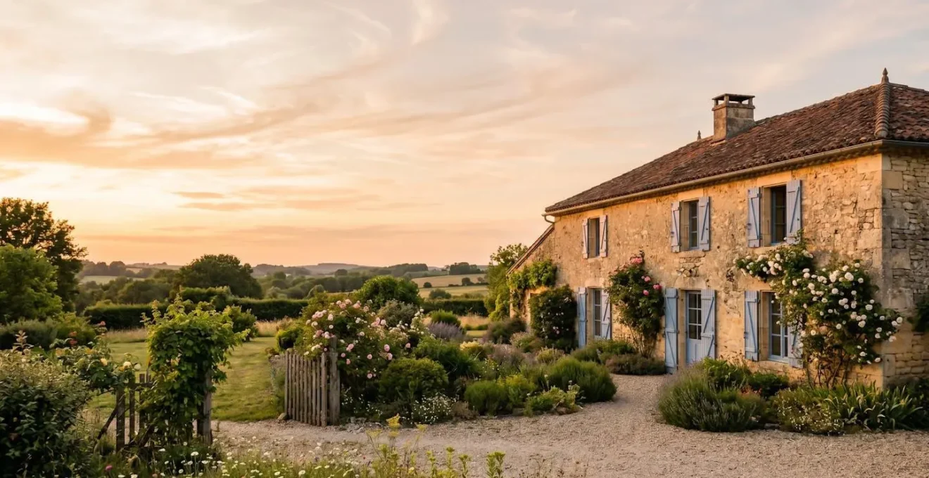 Vue large d'une maison traditionnelle française avec jardin, baignée par la lumière dorée du soir, symbolisant le patrimoine familial à préserver.