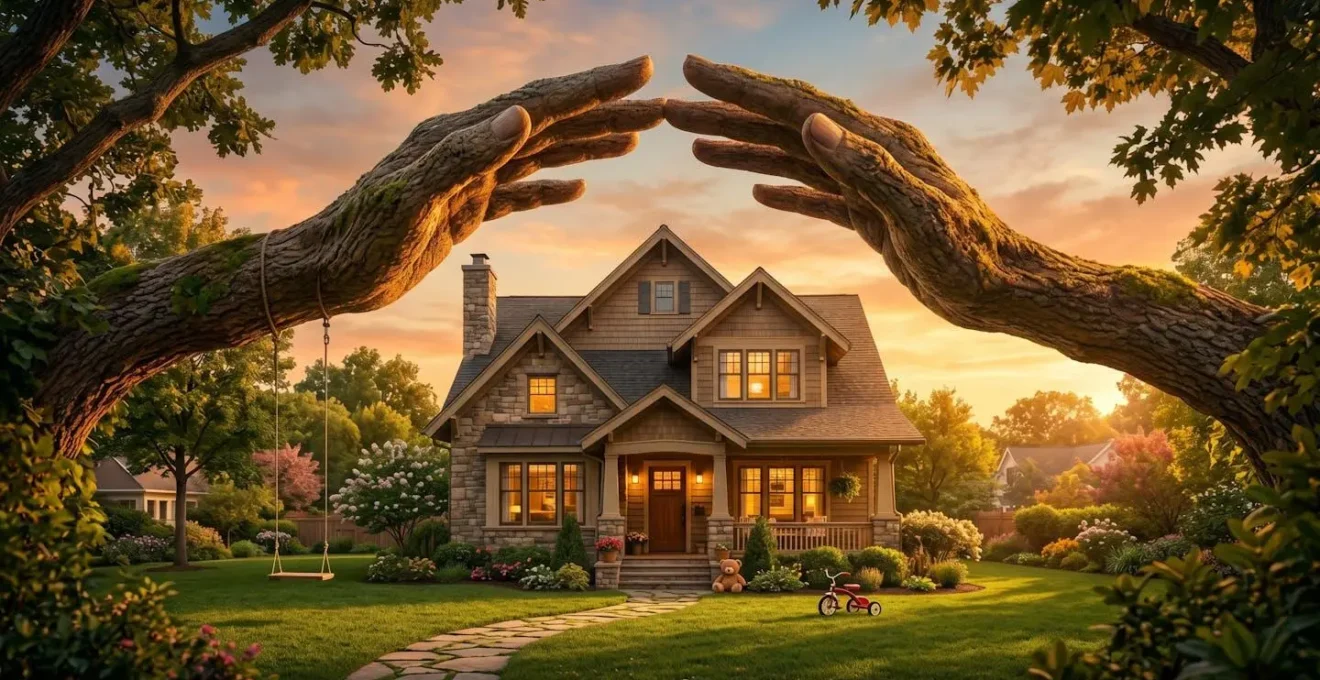 Vue d'une maison familiale protégée symboliquement par des mains bienveillantes