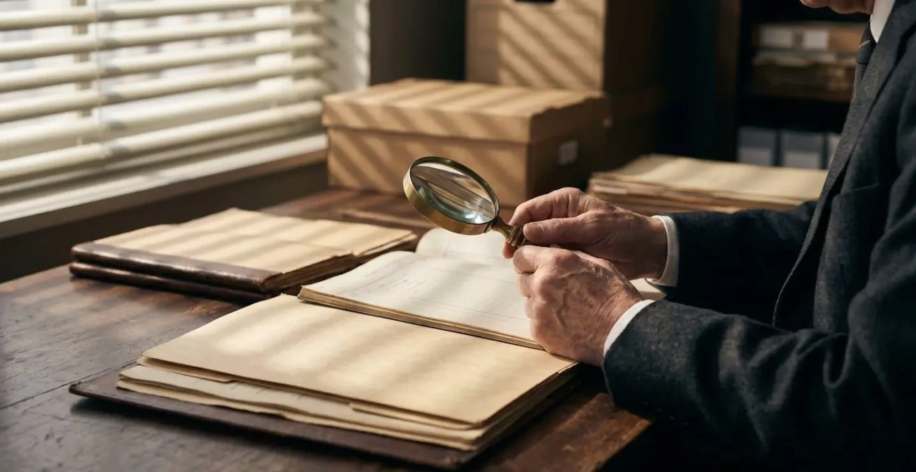 Mains consultant des dossiers d'archives avec loupe sur bureau ancien