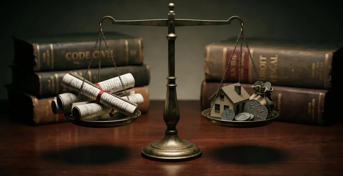 Balance de justice équilibrant documents d'assurance vie et patrimoine successoral