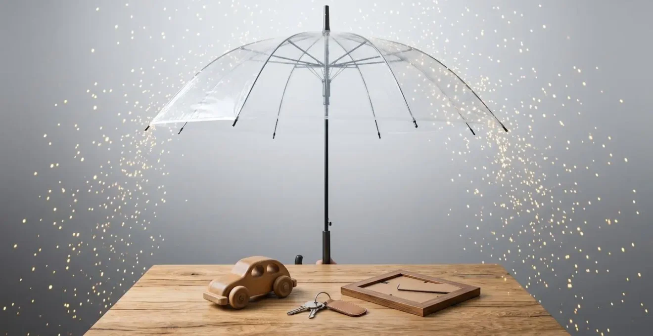 Parapluie transparent protégeant des objets précieux sous une pluie dorée symbolisant la protection financière