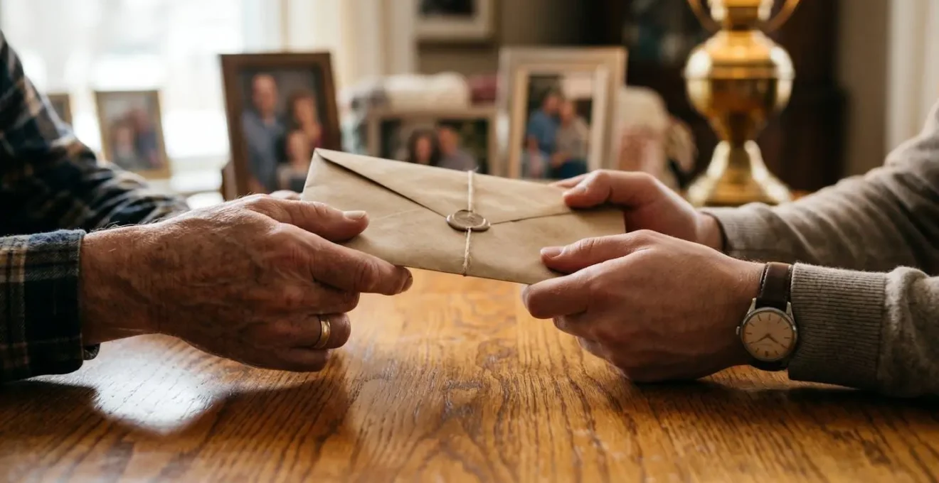 Mains échangeant une enveloppe symbolisant l'aide familiale formalisée