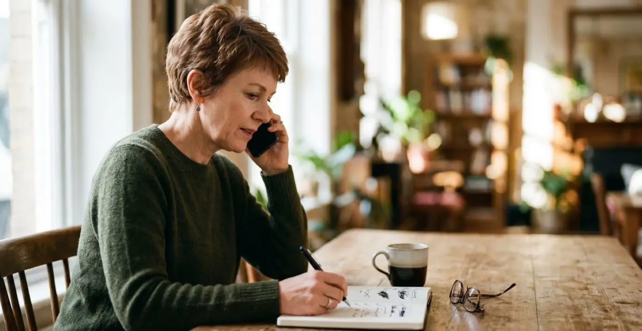 Personne au téléphone prenant des notes lors d'un appel conseil assurance