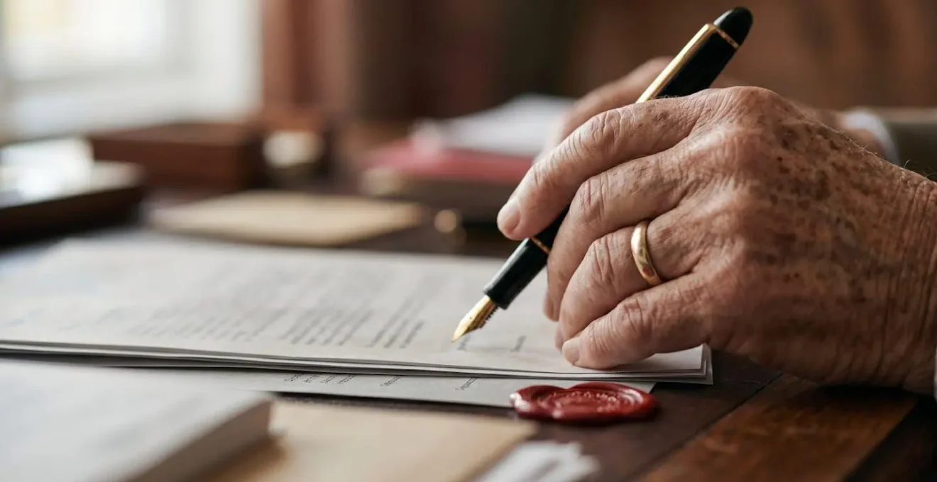 Main tenant un stylo au-dessus de documents flous avec tampon officiel en arrière-plan