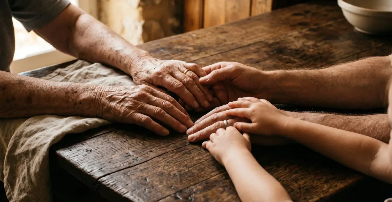 Trois générations de mains symbolisant la transmission patrimoniale entre grands-parents et petits-enfants